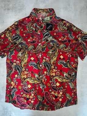 Zaful Red Paisley Print Short Sleeve Button-Up Shirt
